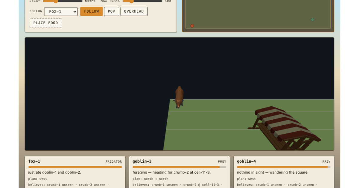 The mudiii demo: a fox and goblins meeting in a 3D town square.