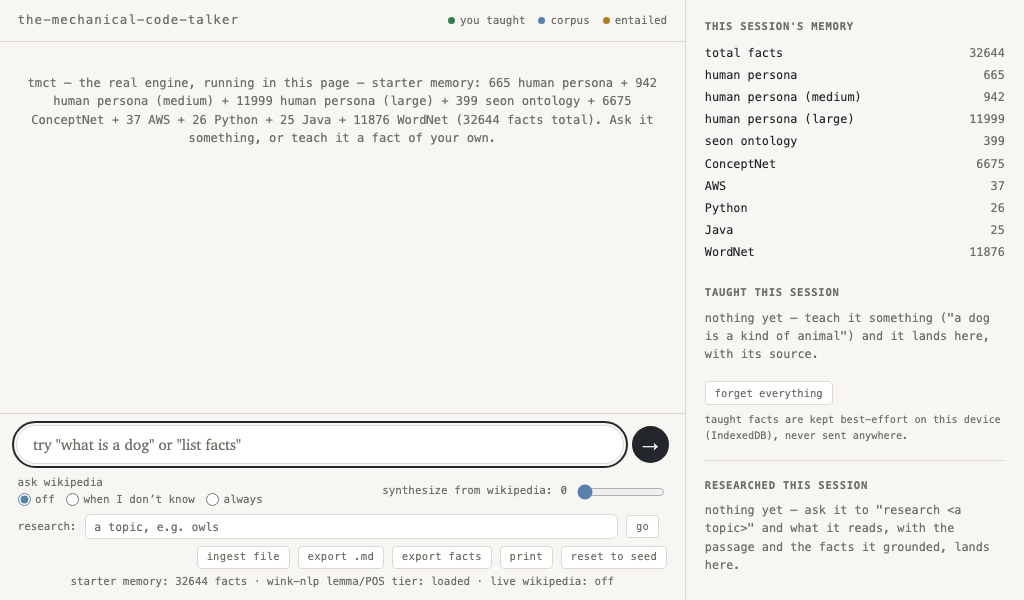 tmct chat page: the question 'what is a dog' answered with three facts, each naming its corpus source