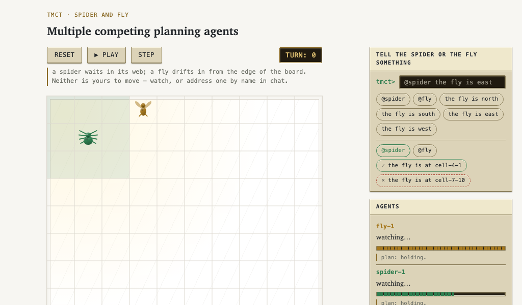 tmct spider and fly page: a spider and a fly on a partly-hidden grid, with each agent's live plan status shown alongside